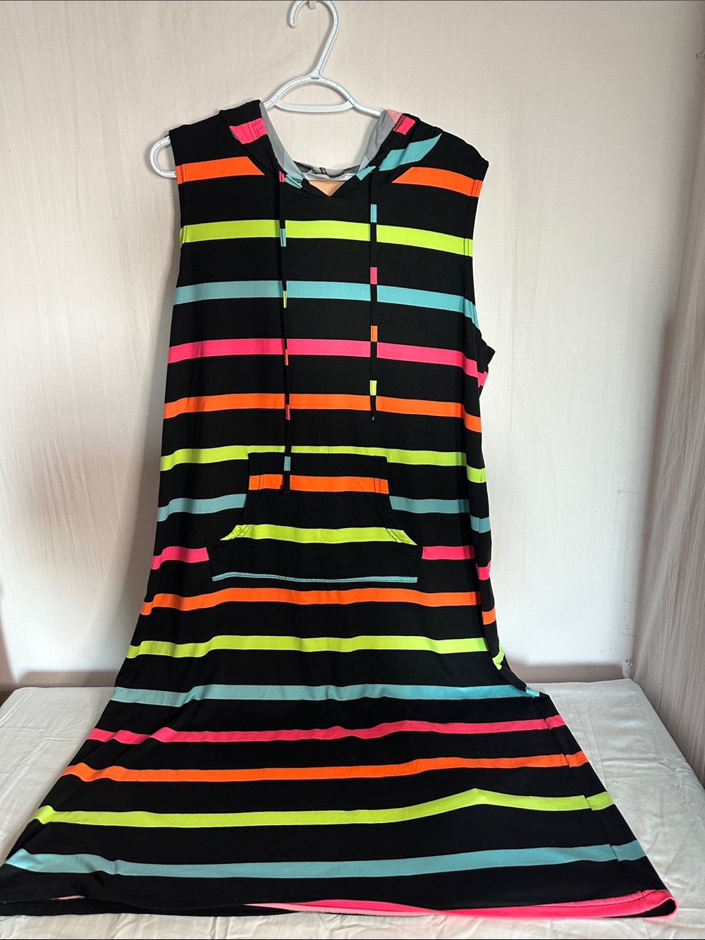 Bobbie Brooks Black Hooded Swim Coverup with Neon Stripe Accents
